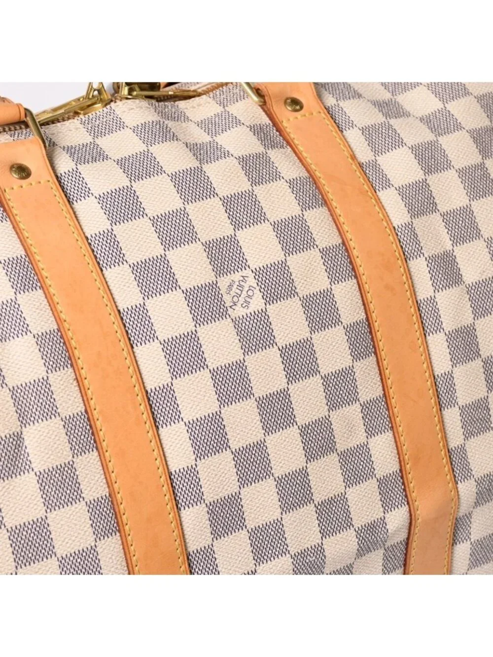 Louis Vuitton Keepall 50 Boston Bag Damier Azur Canvas Vachetta Leather White